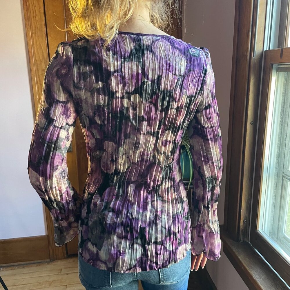 VTG Y2K Crinkle Gold Metallic Bell Sleeve Blouse Purple S Fairycore Artist - Picture 4 of 9